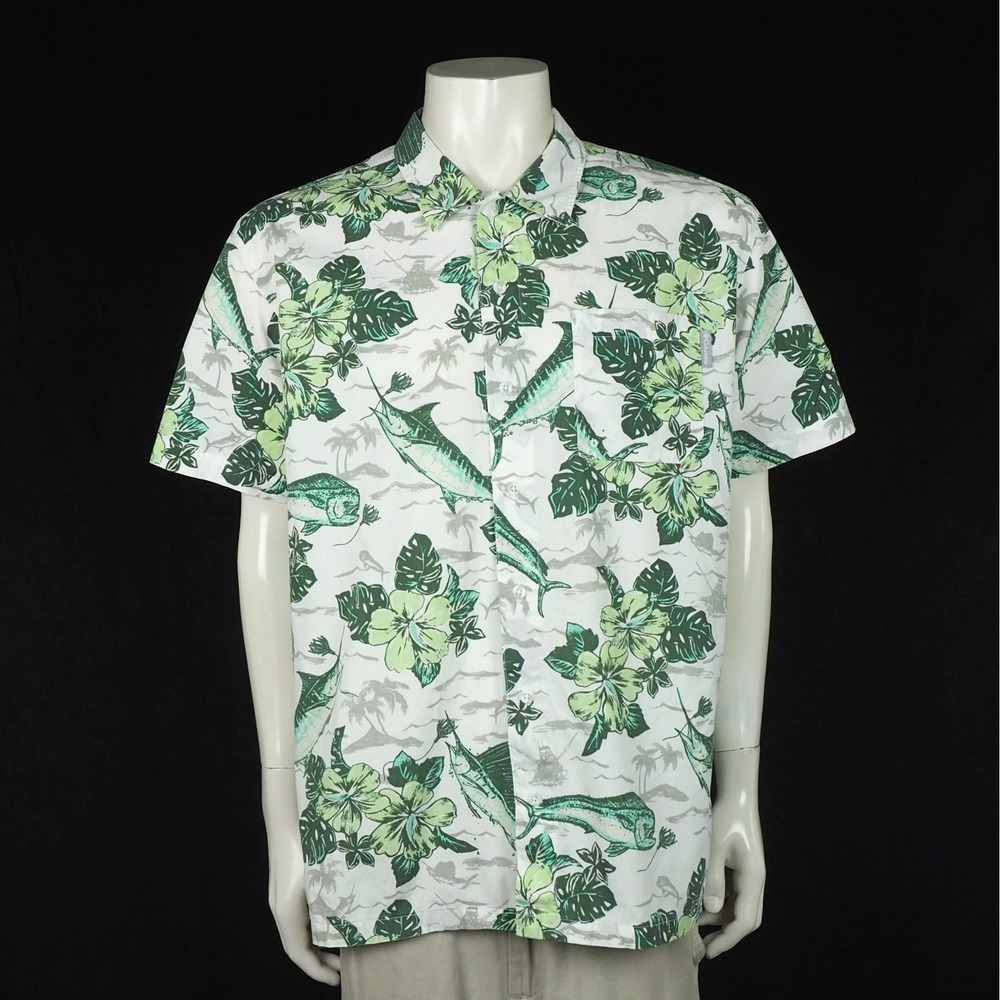 Columbia PFG Trollers Best Fishing Button Down Shirt Mens Large White Fish Print